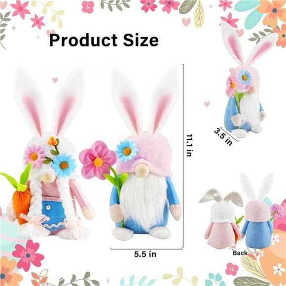 Easter Bunny Gnomes Plush Decor Spring Pink Rabbit Decorations for Home 2 Pack - Picture 2 of 8